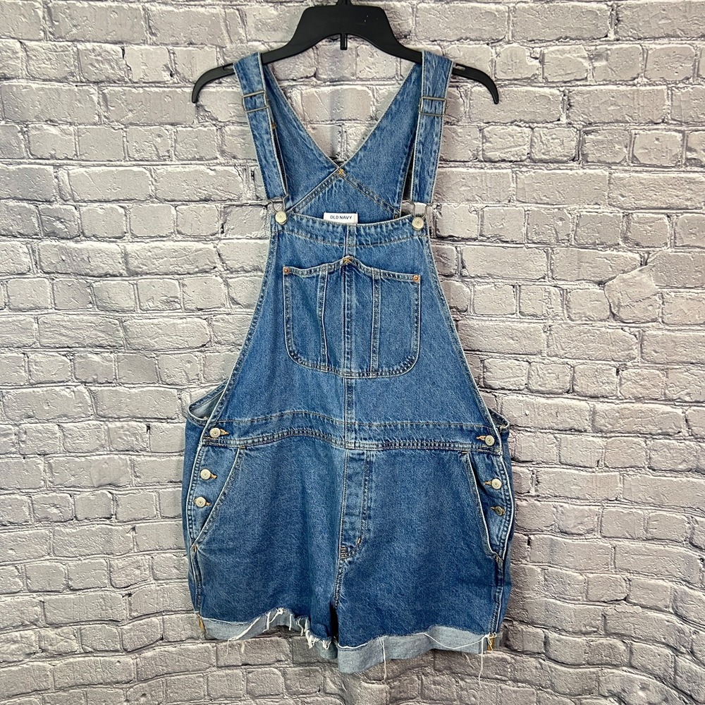 Old Navy Denim Overall Shorts Womens XL Blue Bib Cuffed Romper Shortalls Pockets